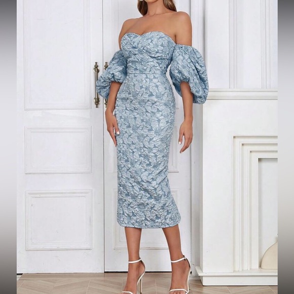 Luxe dusty blue floral jacquard off shoulder party formal evening dress - Picture 3 of 16